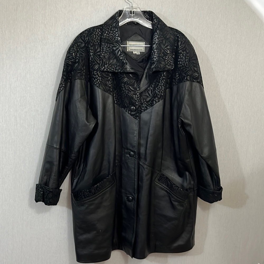 Vintage Fitz Wright black genuine leather floral embossed jacket 1X